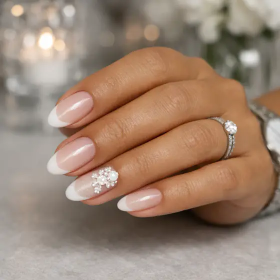 Uñas de novia con efecto perlado