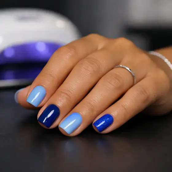 Uñas azules cortas con acabado gel brillante