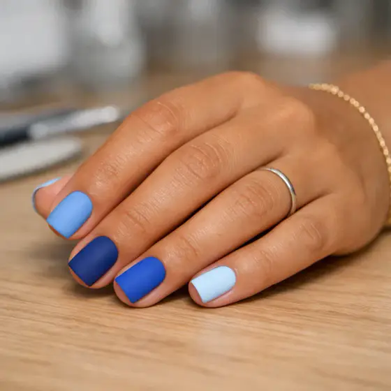 Uñas cortas azules en distintos tonos con acabado mate