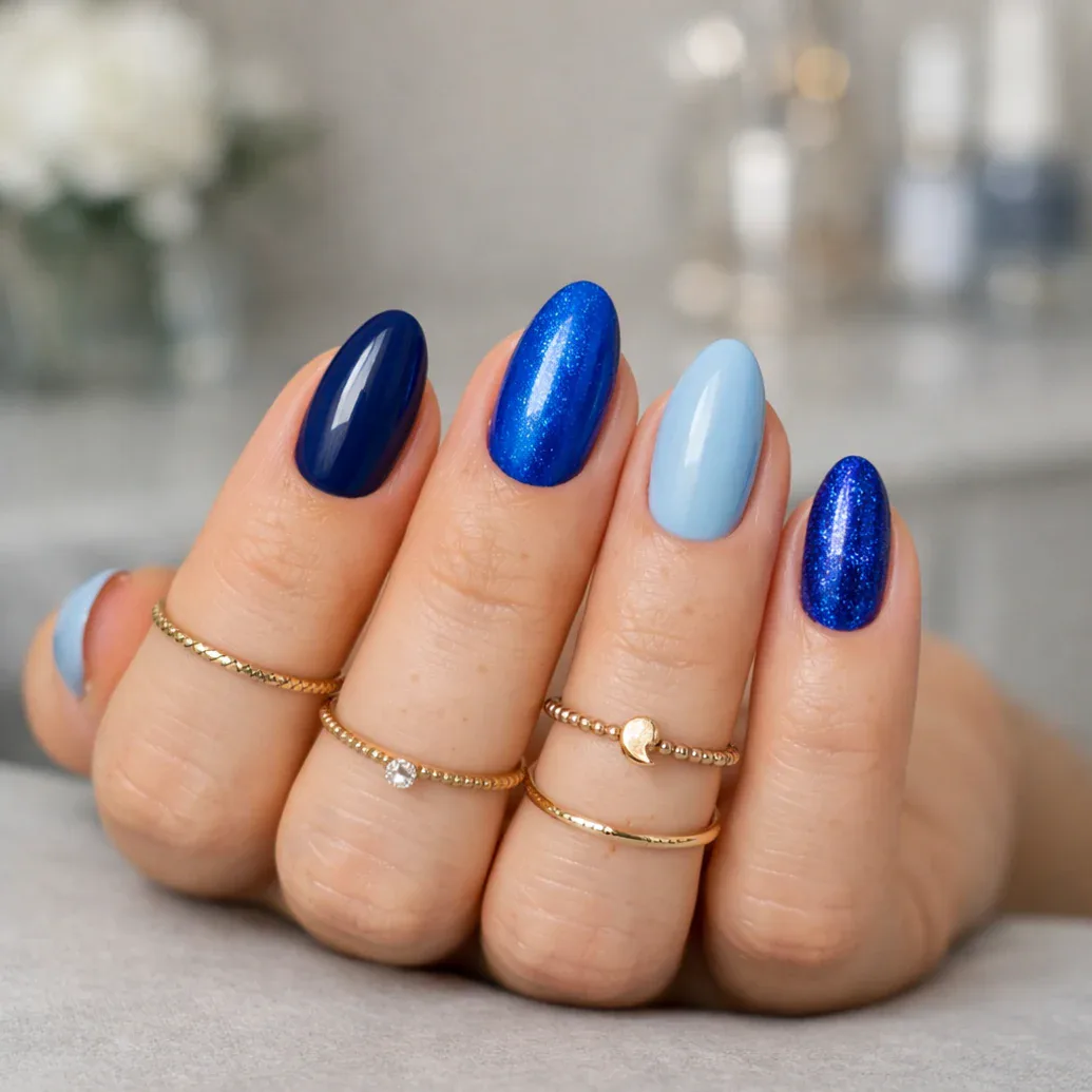 Uñas almendradas azules con glitter intenso