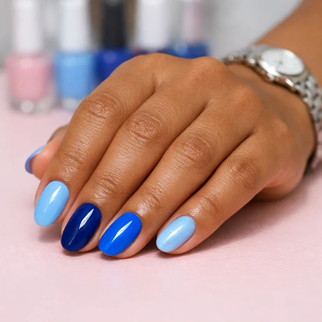 Uñas azules brillantes cortas y redondeadas