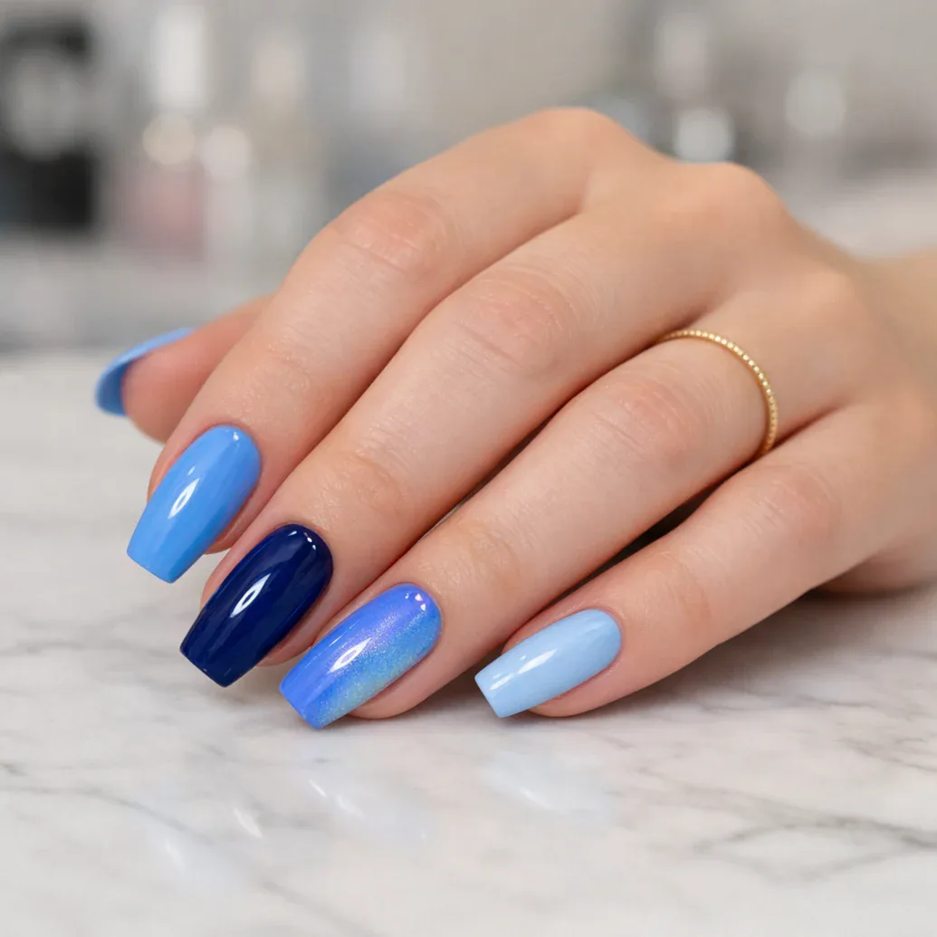 Uñas cuadradas azules de longitud media con acabado brillante