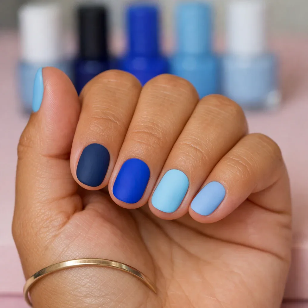 Uñas cortas mate pintadas en cuatro tonos de azul