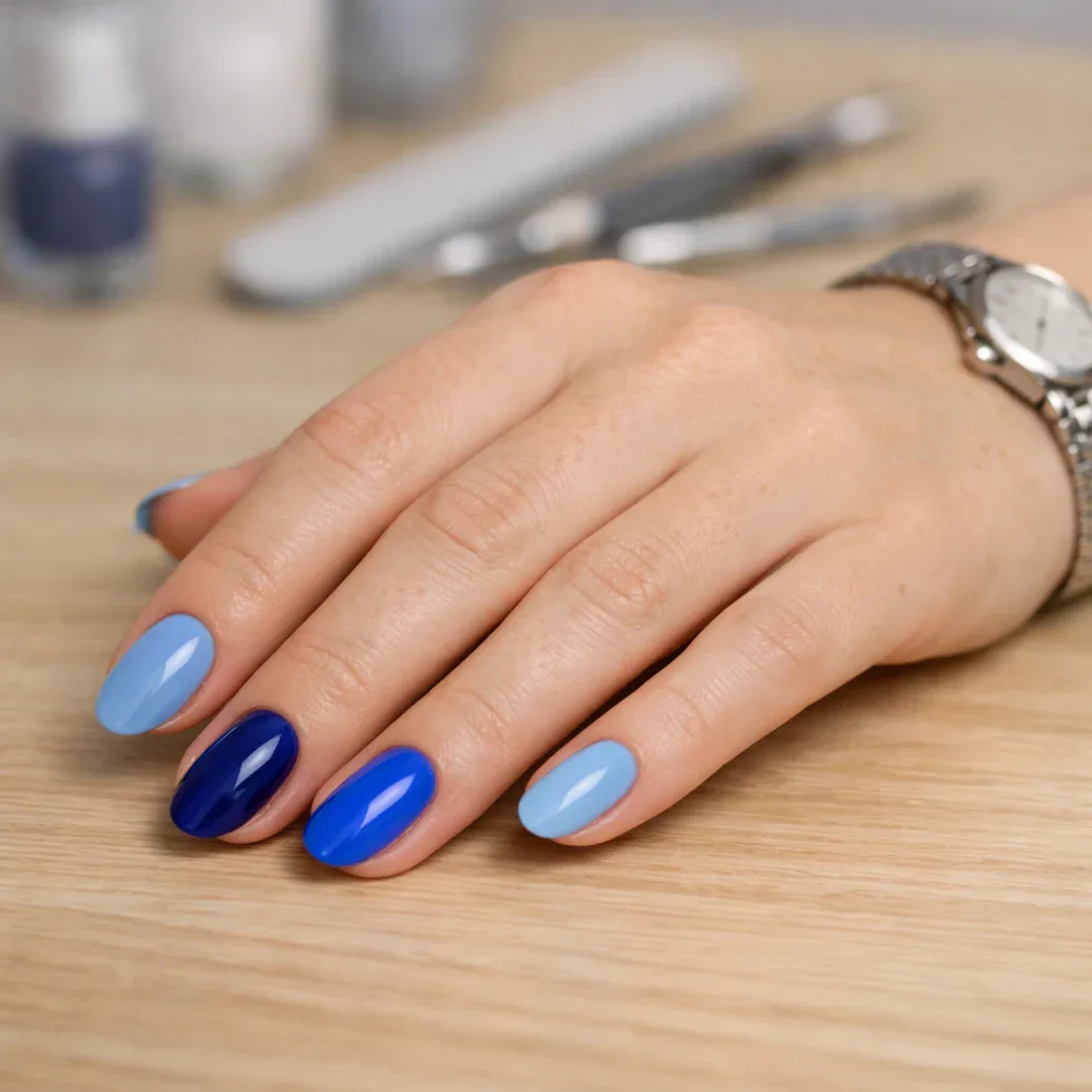 Uñas cortas naturales con varios tonos azules brillantes