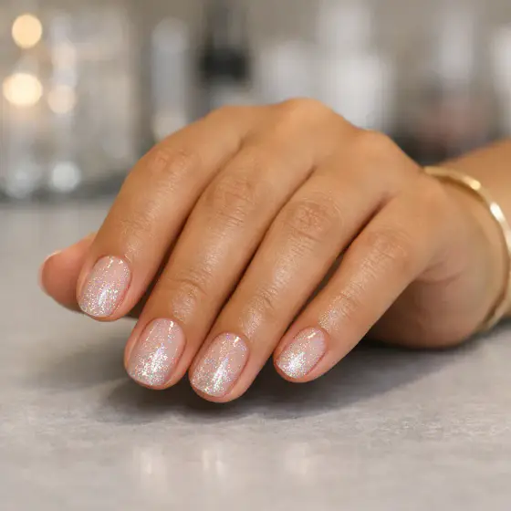 Uñas nude brillantes con efecto cristal