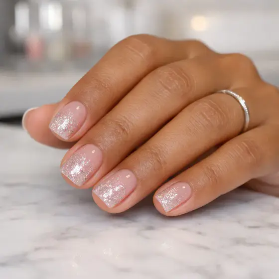 Uñas nude rosadas con destellos brillantes