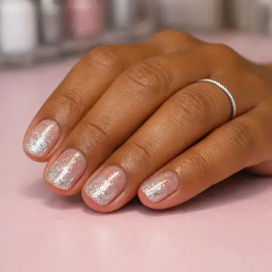 Uñas nude con shimmer plateado