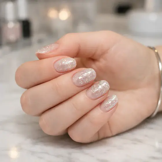 Uñas cortas plateadas con glitter delicado