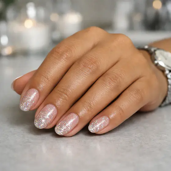 Uñas rosa nude con destellos plateados