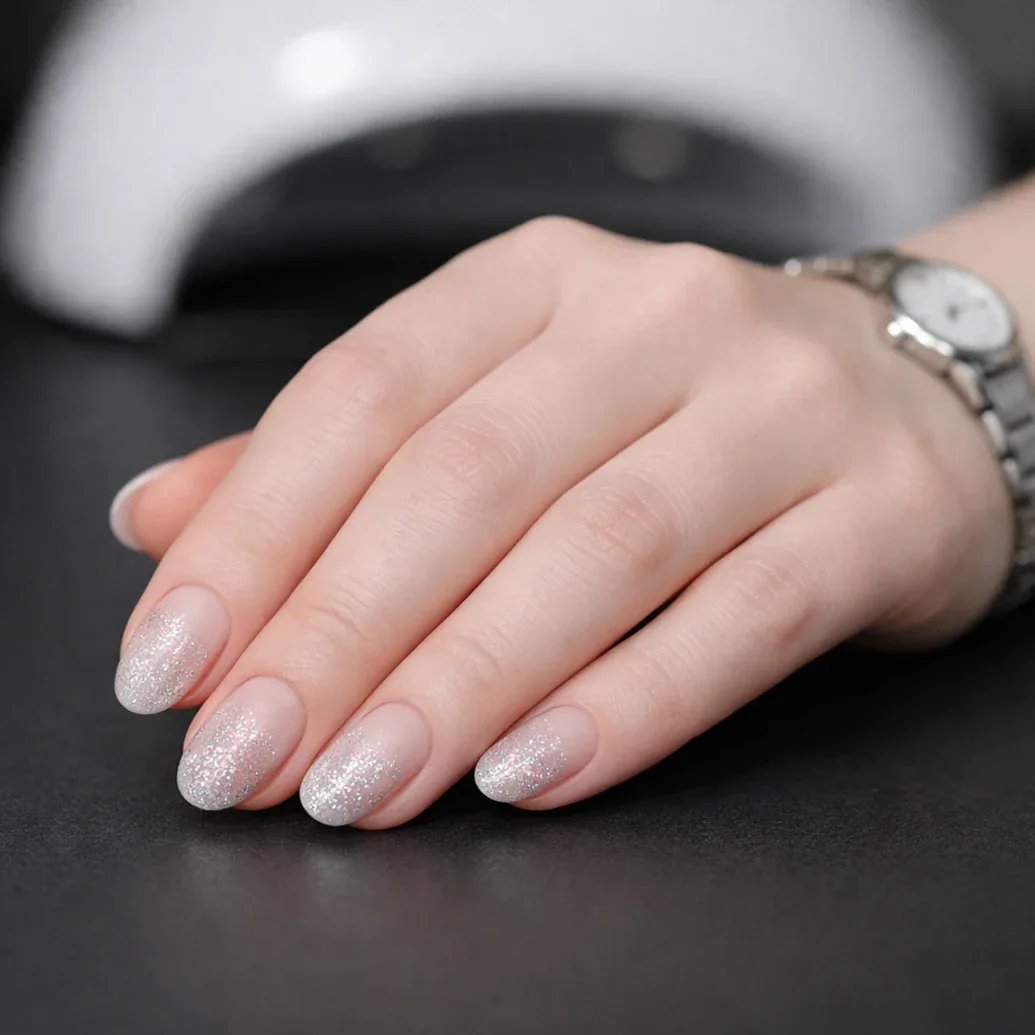 Uñas blancas translúcidas con brillo satinado