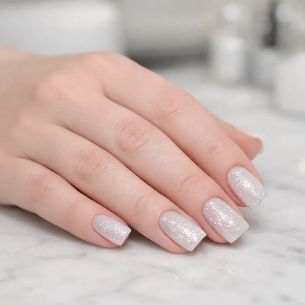 Uñas blancas perladas con brillo suave sobre una mano clara