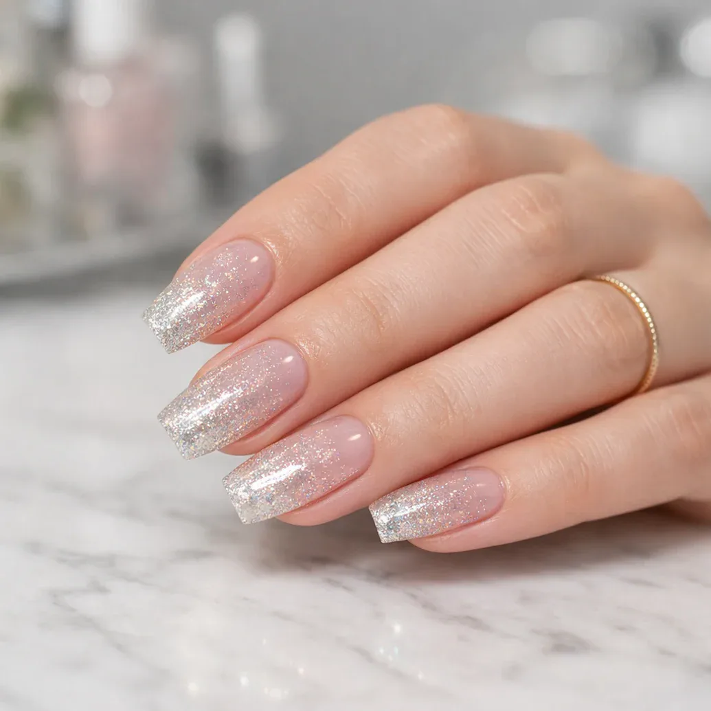 Uñas largas con glitter plateado intenso