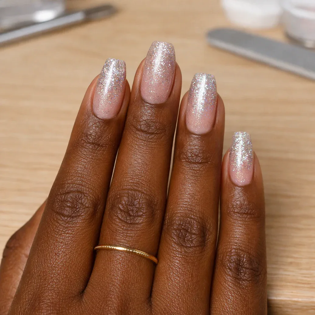 Uñas largas rosa perlado con brillo intenso
