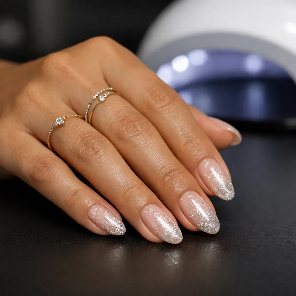 Uñas nude con brillo perlado elegante