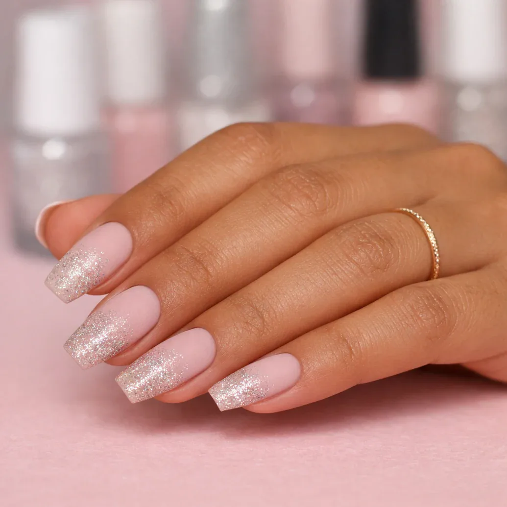 Uñas rosa champán con efecto gel brillante