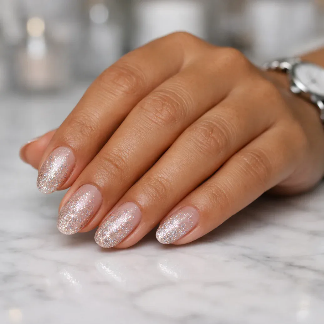 Uñas rosa champán con brillo fino tipo shimmer