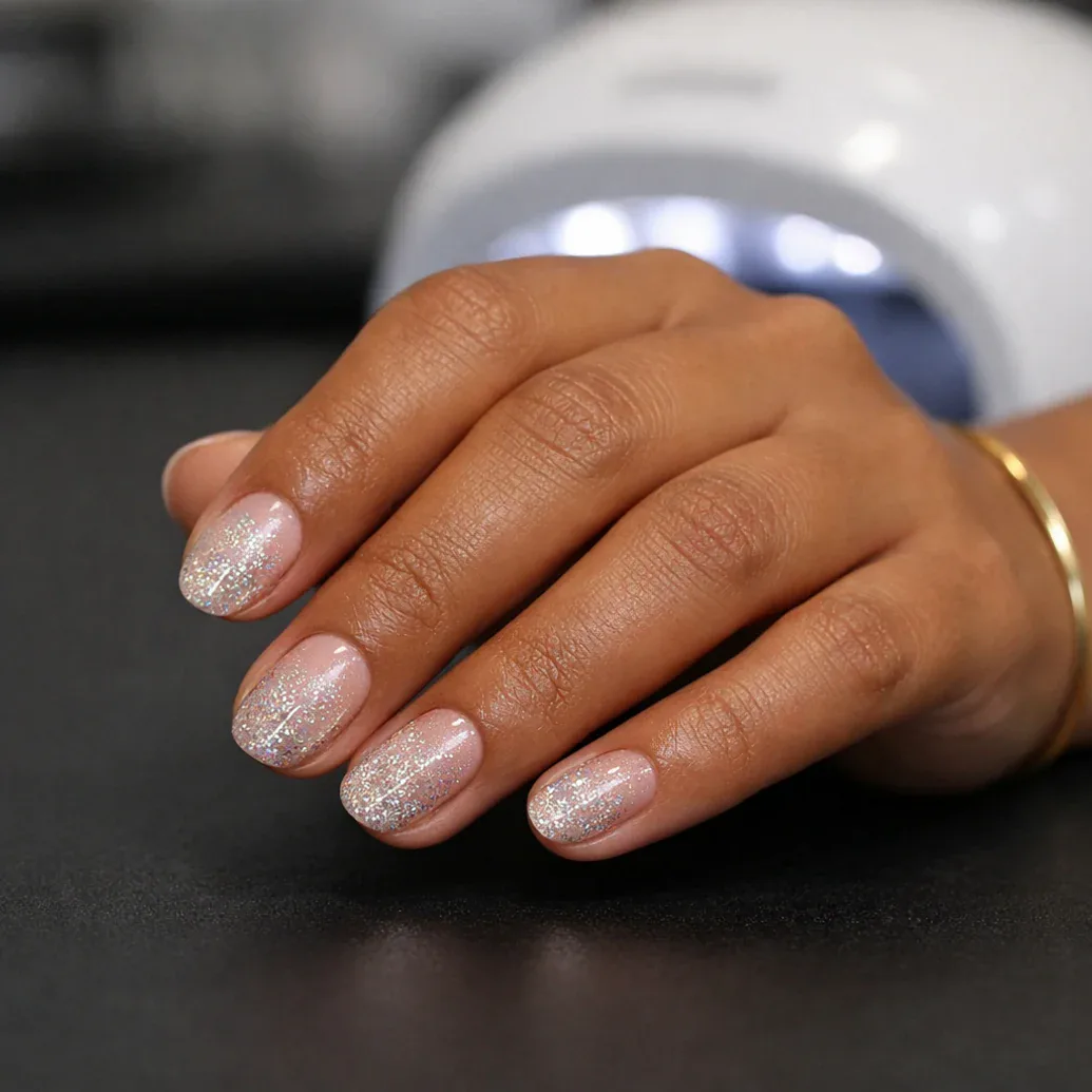 Uñas rosa empolvado con glitter fino