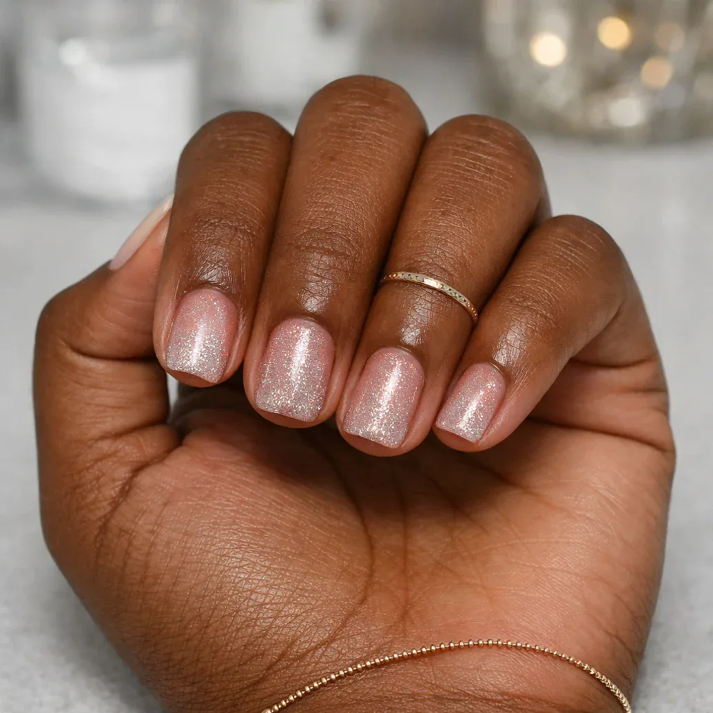 Uñas rosa natural con brillo perlado