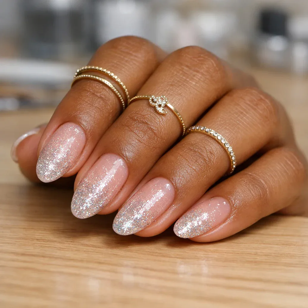 Uñas rosa nude con brillo efecto cristal