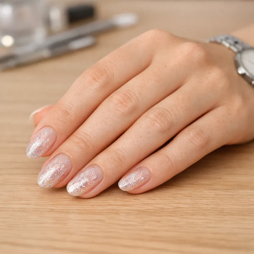 Uñas rosa nude con brillo delicado