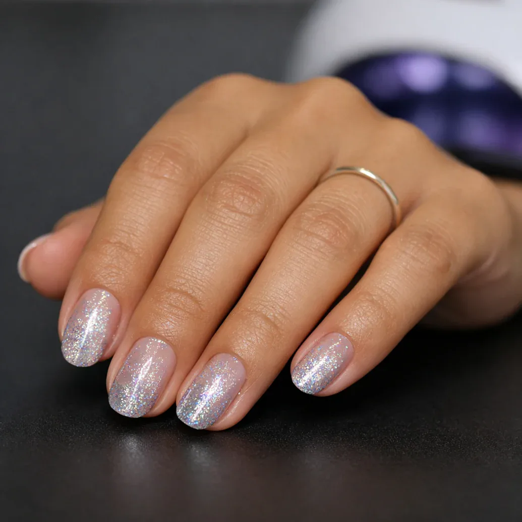 Uñas rosa plateado con efecto shimmer