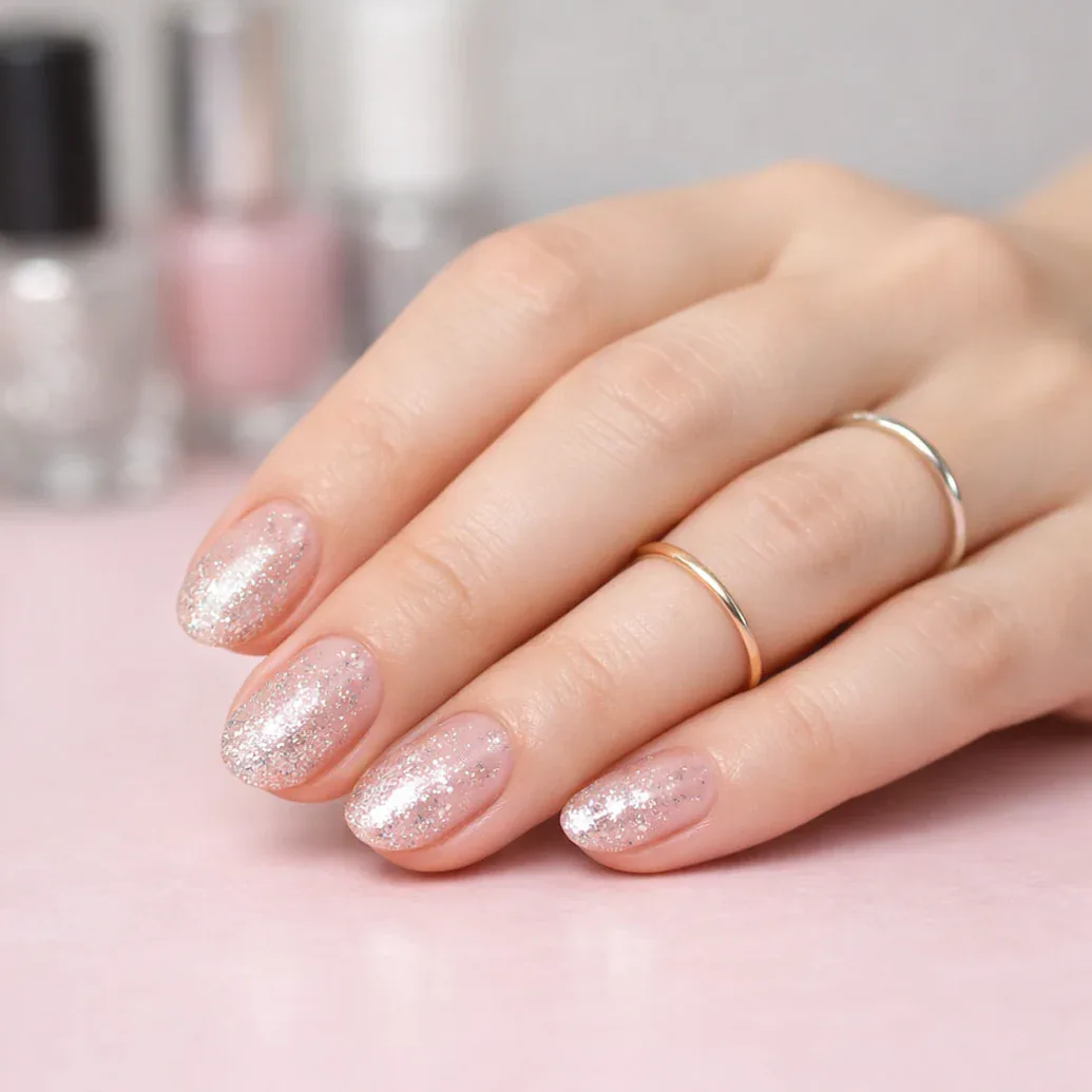 Uñas rosa suave con brillo delicado
