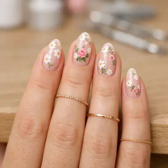 Uñas almendradas nude con flores rosas y hojas verdes