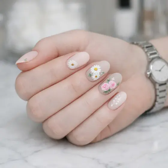 Uñas blancas con flores en relieve y detalles brillantes