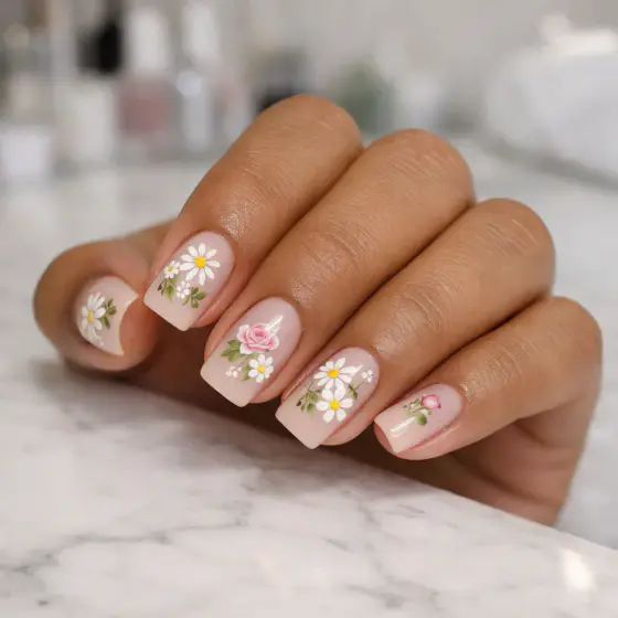 Uñas cuadradas nude con margaritas blancas, rosas y amarillas