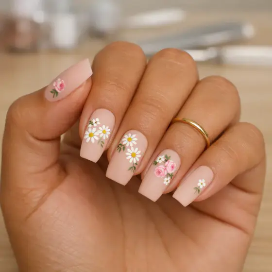 Uñas cuadradas rosa nude con margaritas y hojas verdes