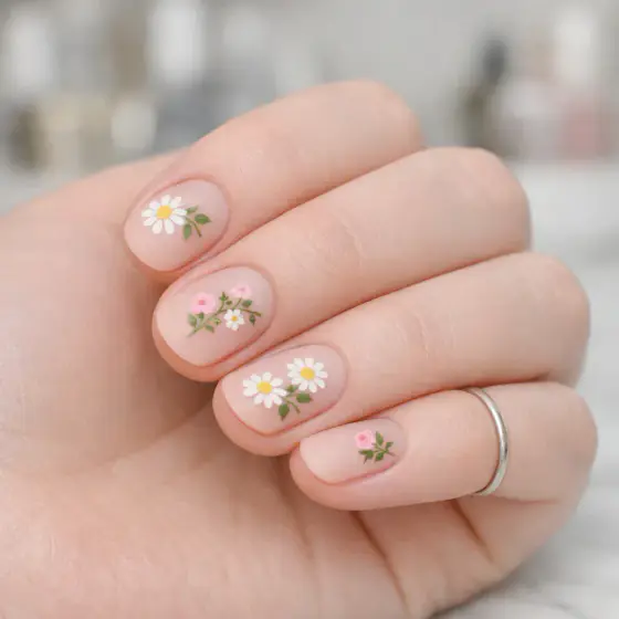 Uñas nude cortas decoradas con margaritas blancas y hojas verdes