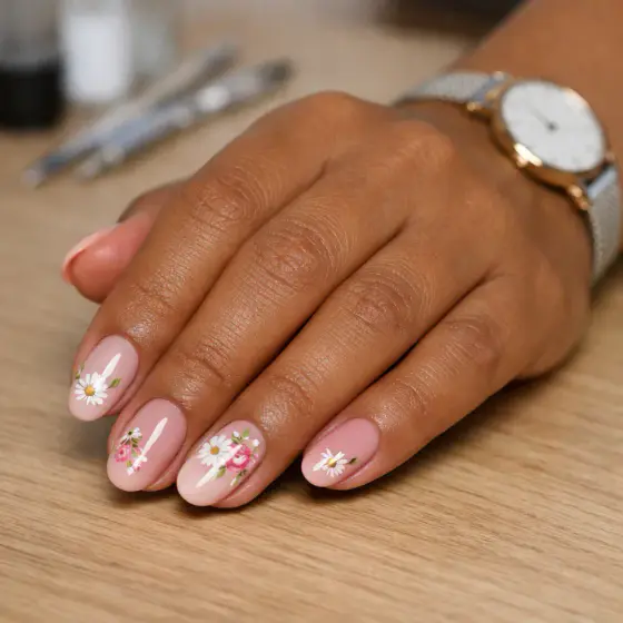 Uñas rosa lechoso con flores blancas y rosas delicadas