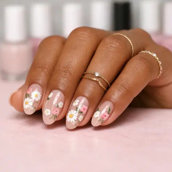 Uñas rosa nude con pequeñas flores primaverales