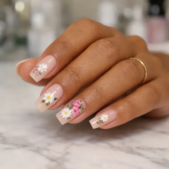 Uñas rosas cuadradas con flores blancas y rosas pintadas a mano