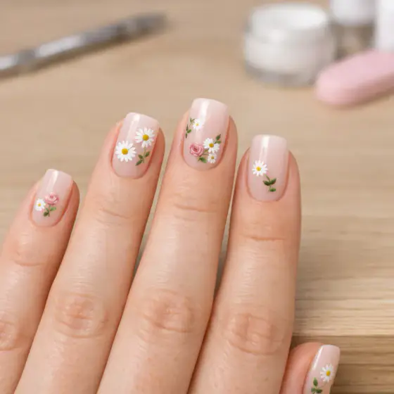 Uñas rosas largas con pequeñas flores blancas