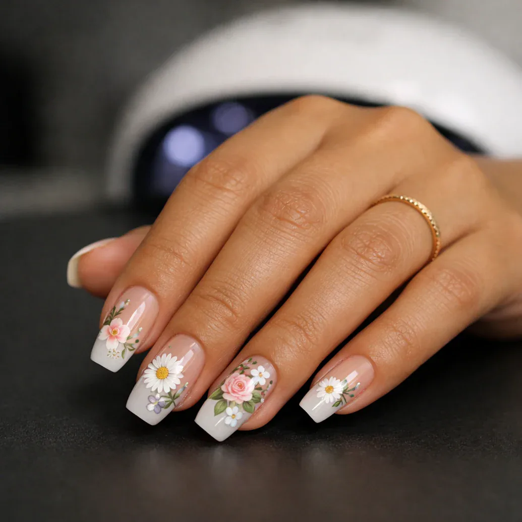 Uñas cuadradas con flores de colores y glitter plateado