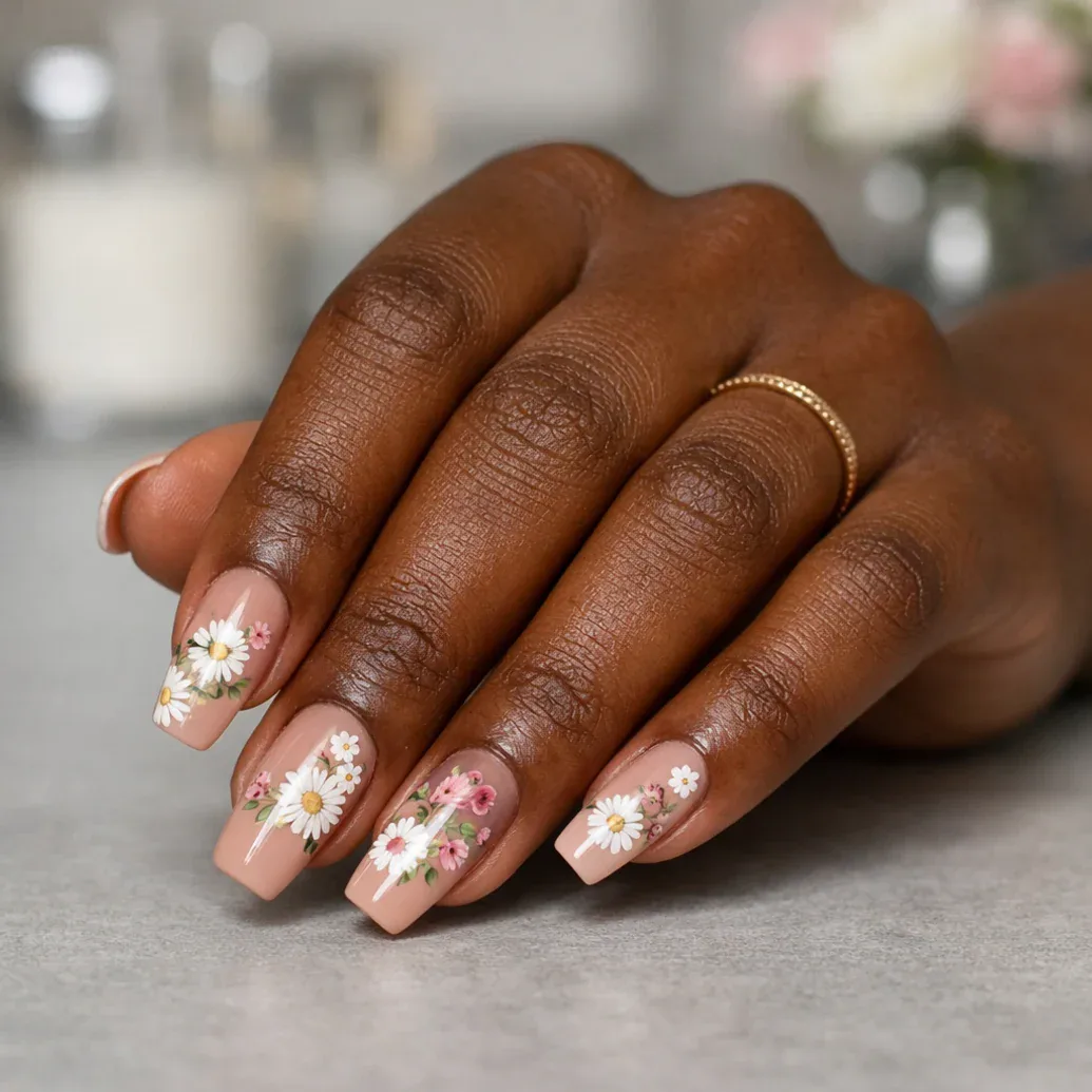 Uñas largas nude con ramo de flores blancas y rosas