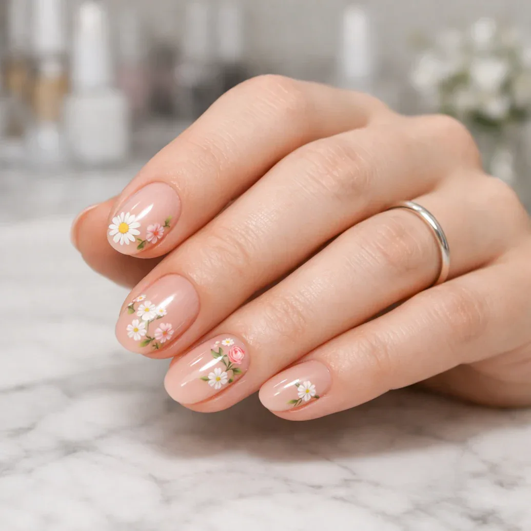 Uñas nude cortas con flores blancas elegantes