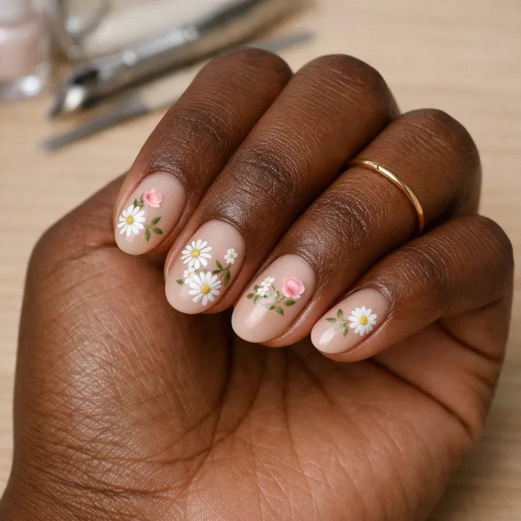 Uñas nude con flores blancas y hojas verdes sobre mano de piel oscura