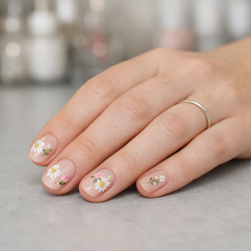 Uñas nude con flores secas delicadas