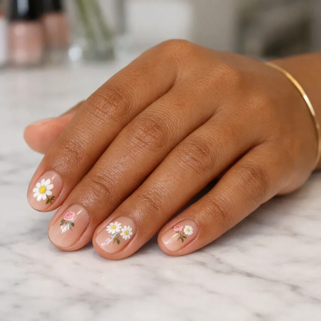 Uñas nude con margaritas amarillas y blancas