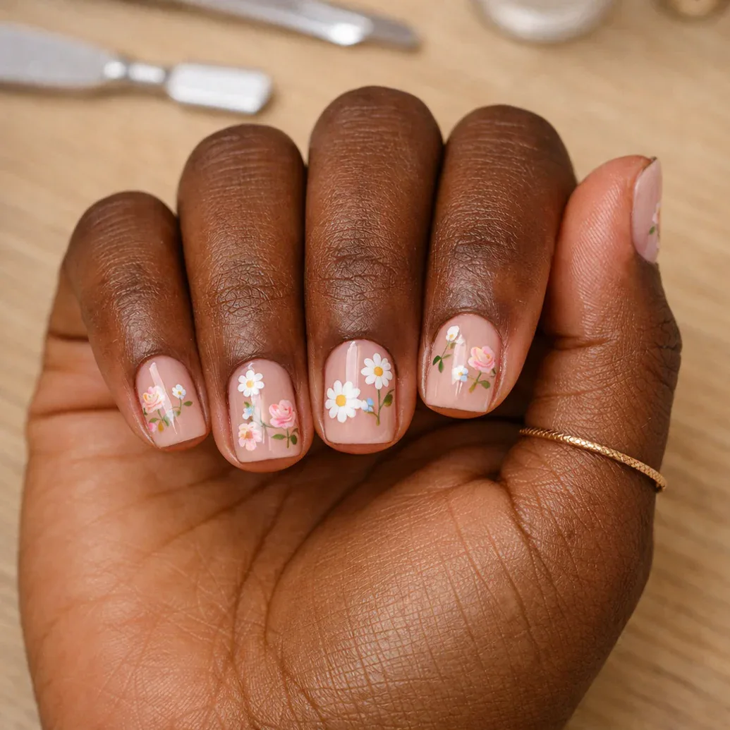 Uñas nude sobre piel oscura con margaritas blancas