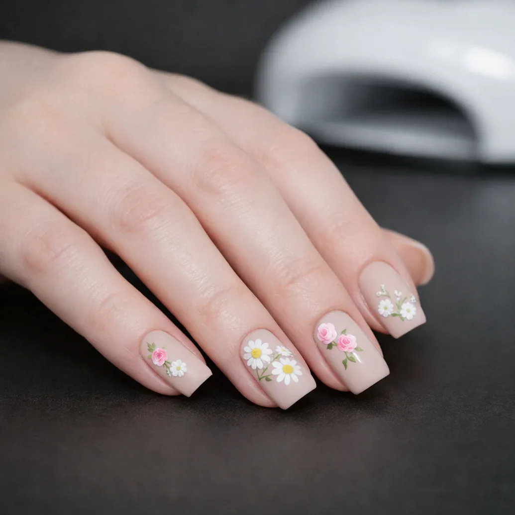 Uñas rosa suave cuadradas con flores blancas