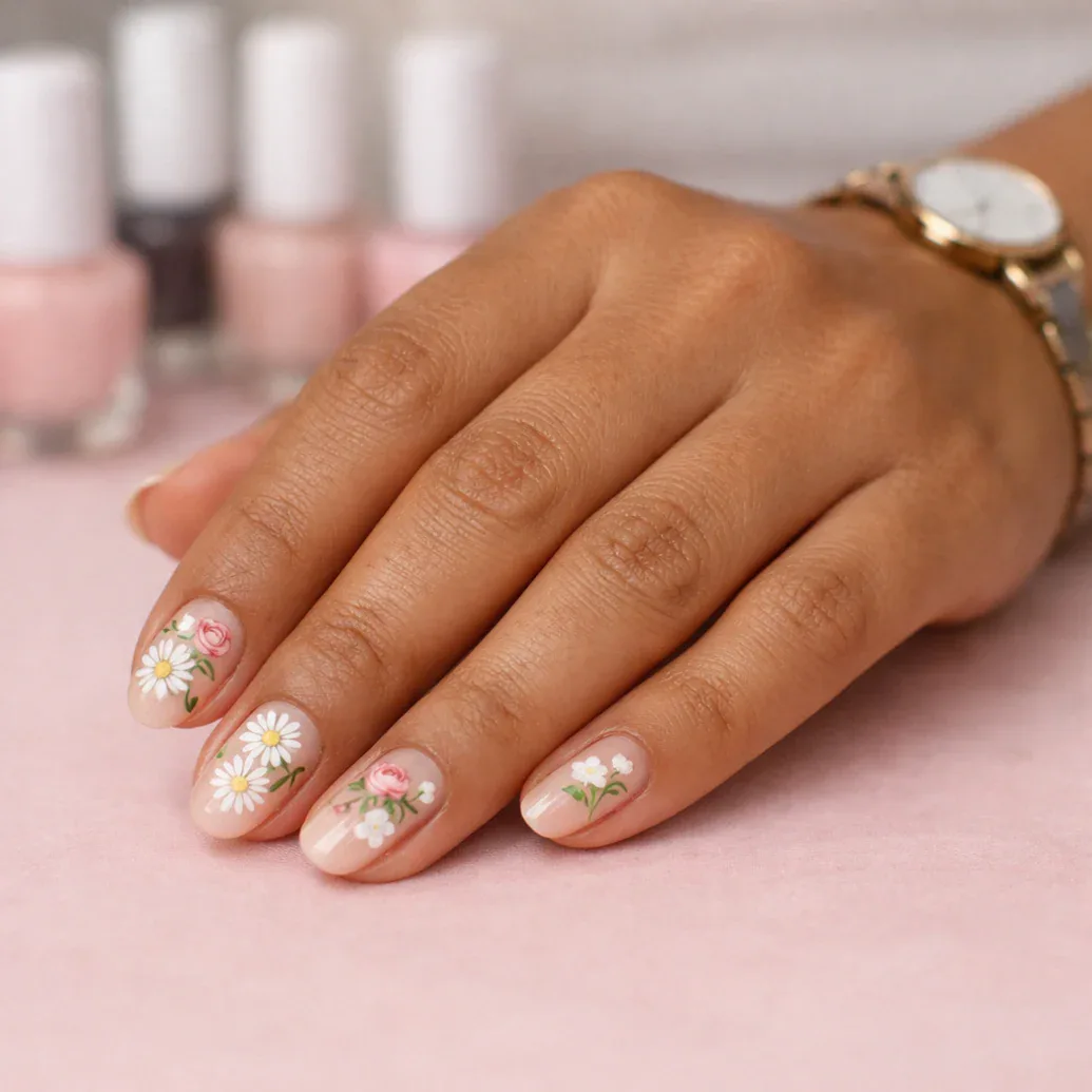 Uñas rosadas con flores blancas y destellos dorados