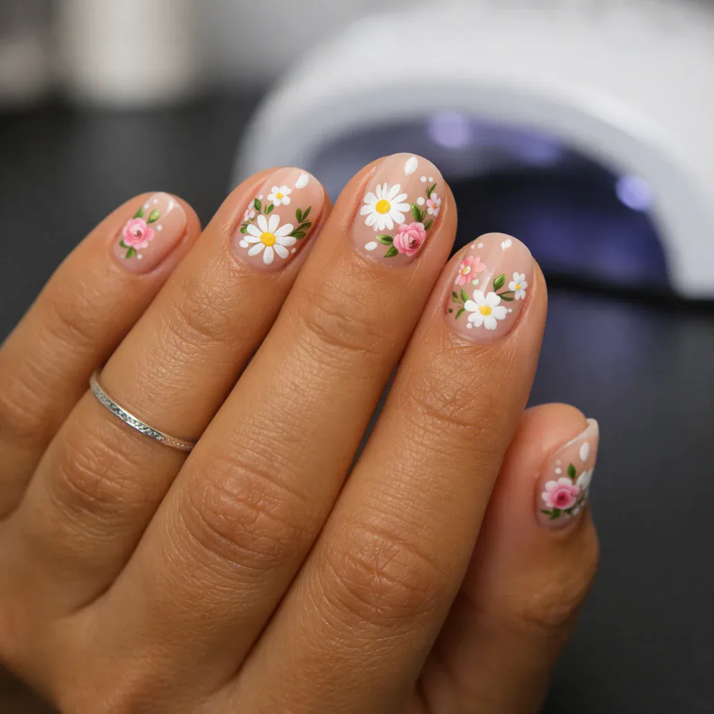Uñas rosadas decoradas con un jardín de flores de colores