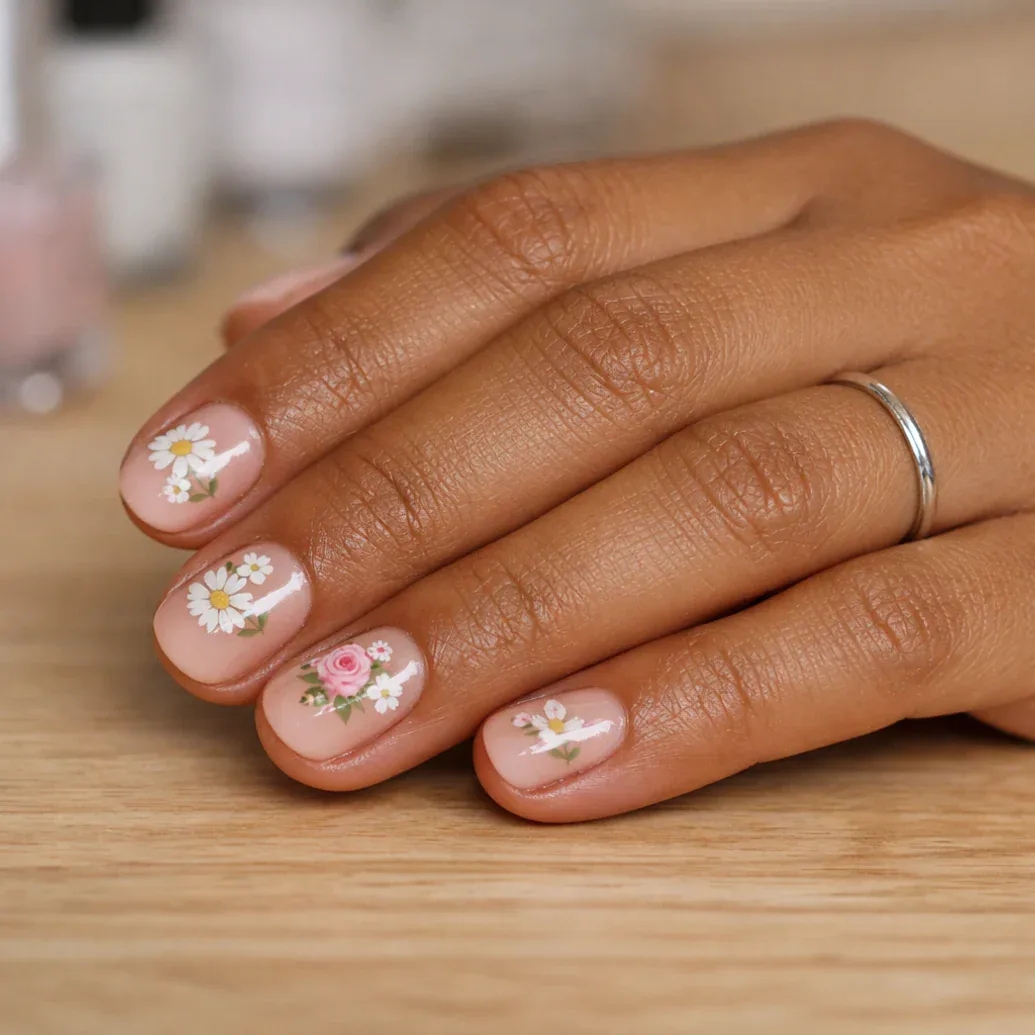 Uñas rosas con diseño floral suave
