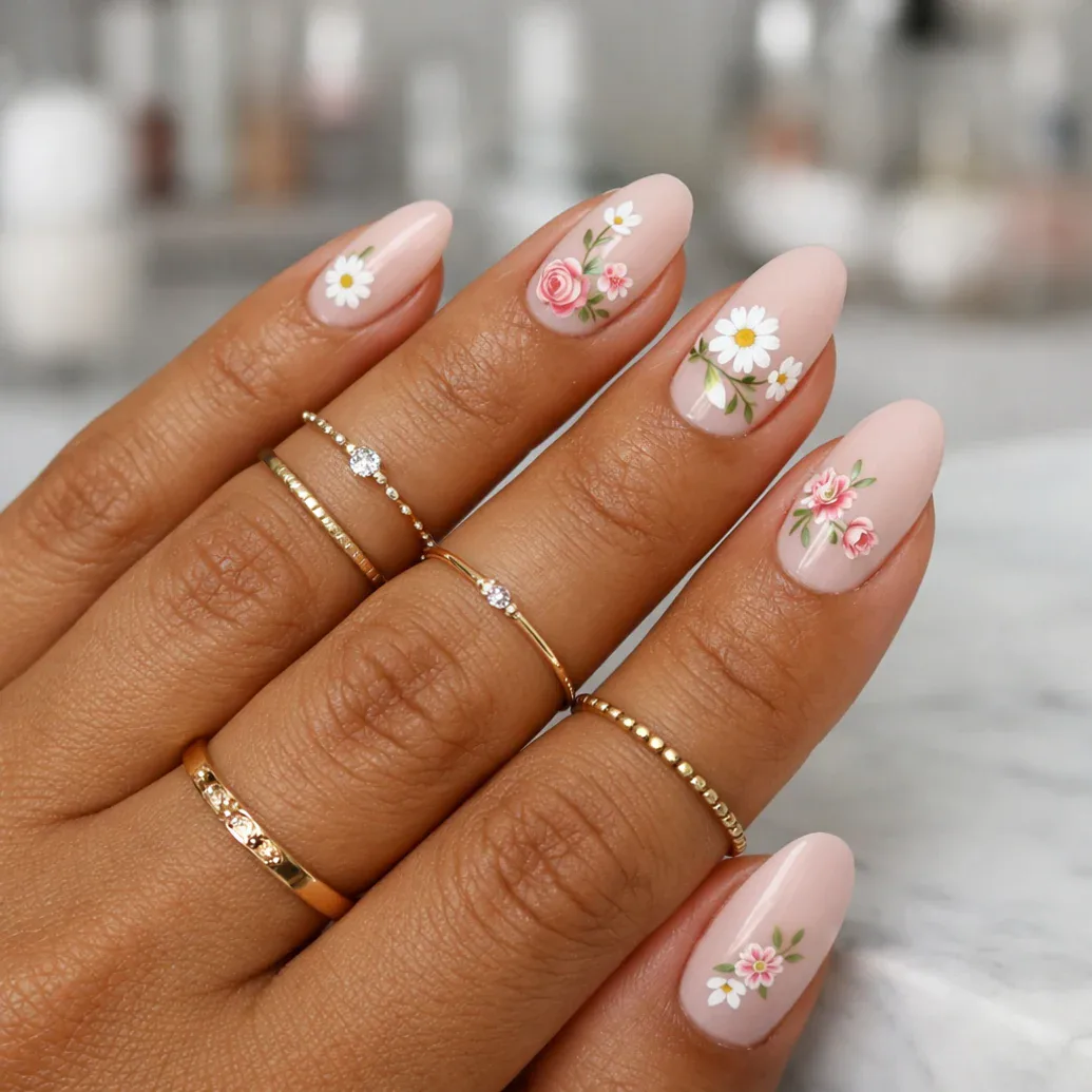 Uñas rosas con flores y hojas verdes finas