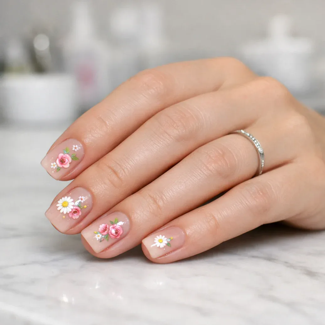Uñas rosas cortas con pequeñas flores silvestres de colores