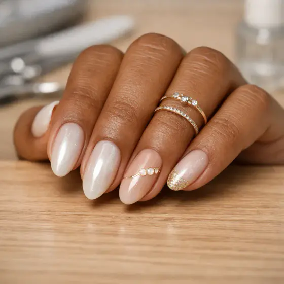 Uñas blancas almendradas con glitter fino