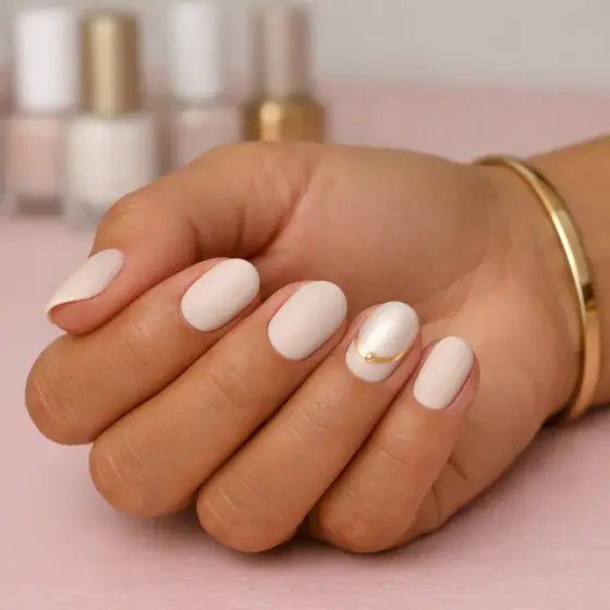 Uñas blancas cortas con una perla central